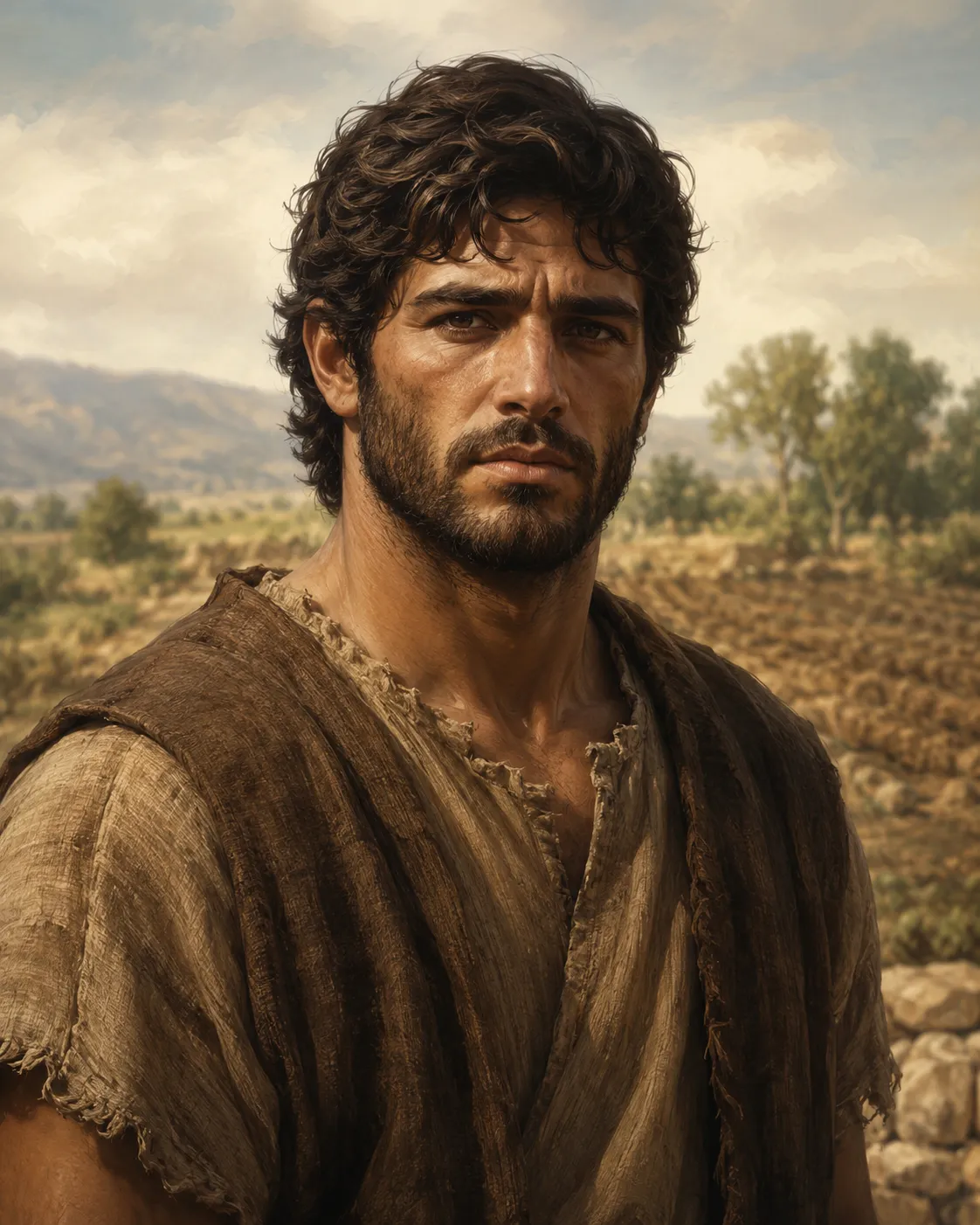 Illustrated portrait of Cain, the firstborn son of Adam and Eve