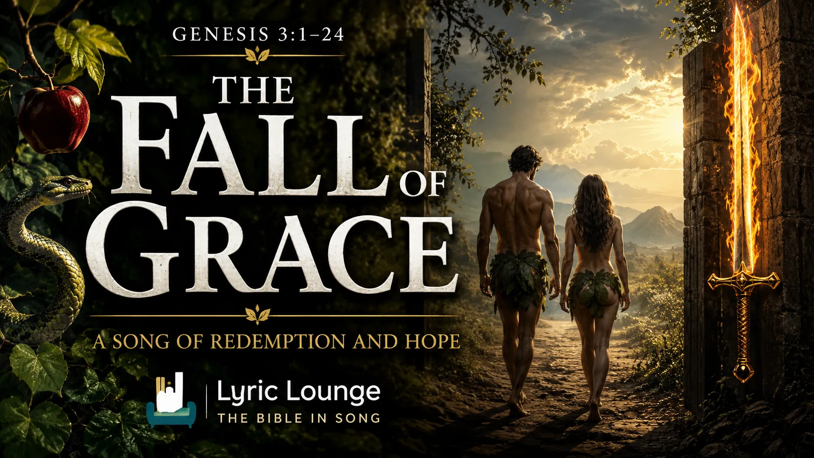 The Fall of Grace Genesis song artwork depicting temptation and exile from the Garden of Eden